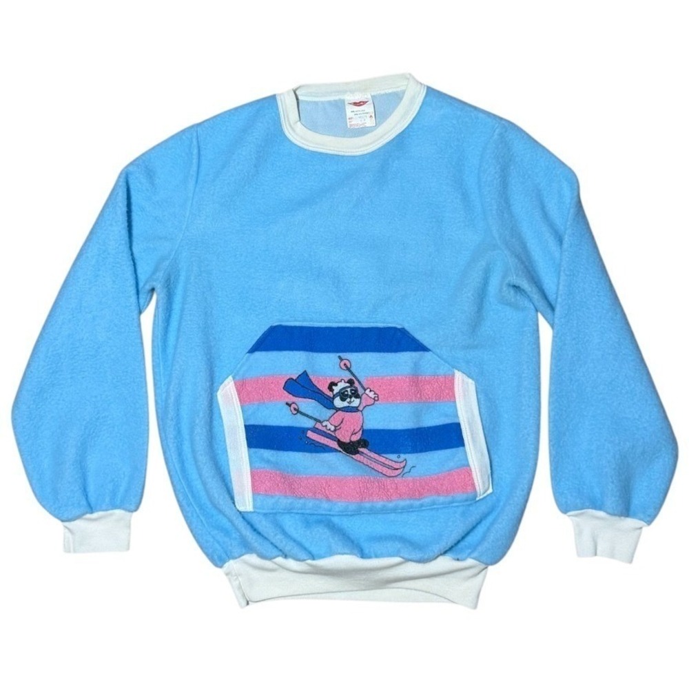 Vintage 70s Skiing Panda Baby Blue Fleece Pocket Retro Graphic Pullover Crewneck
